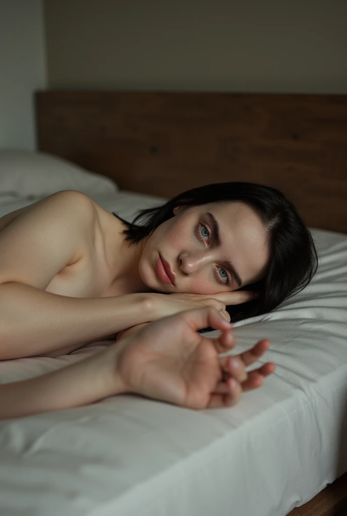 7 Dead girl  fully naked body
Laying on a bed eye closed mouth opened  