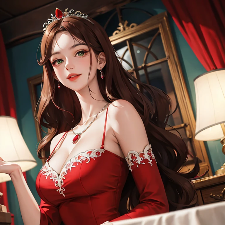 Photorealistic, high resolution, 1 woman, Hips up, Beautiful eyes, Long hair, ringed eyes, jewelry, tattoo, red wedding dress, red dress