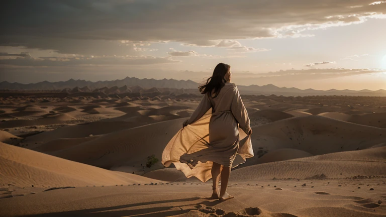 Jesus Welcoming in the Desert:
“An image of a person alone in a vast desert, walking with difficulty. Jesus Christ appears next to her, placing a hand on your shoulder and pointing to an oasis in the distance. The sun is setting, bathing the scene in golden light, representing hope and direction.”