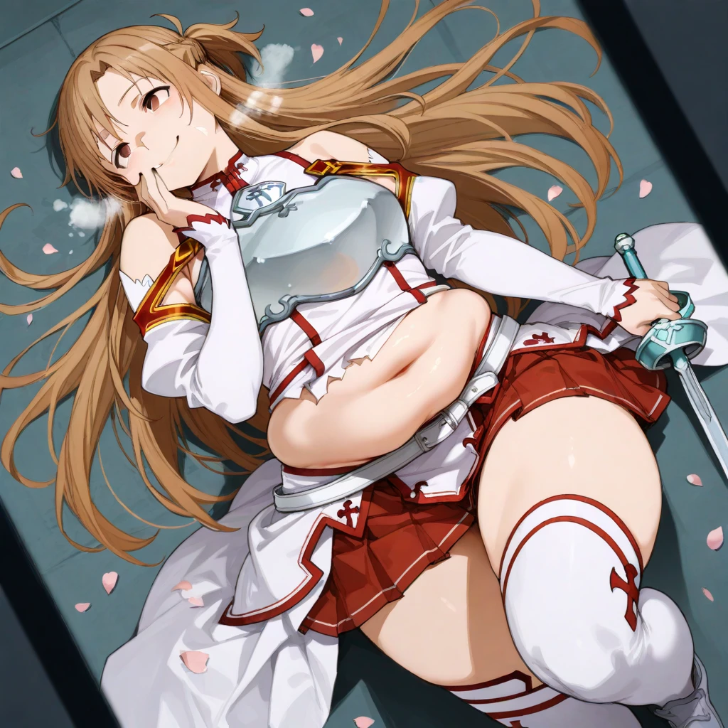 (HD, Sharp), 1 girl, Super Glossy Skin, (fluttering skirt, skirt lift, white underwear:1.2), Big breast, closed eyes, :o, lying stiff in death, torn clothes, sweetlip, black outfit, navel, white thighhighs, gloves, lightning,