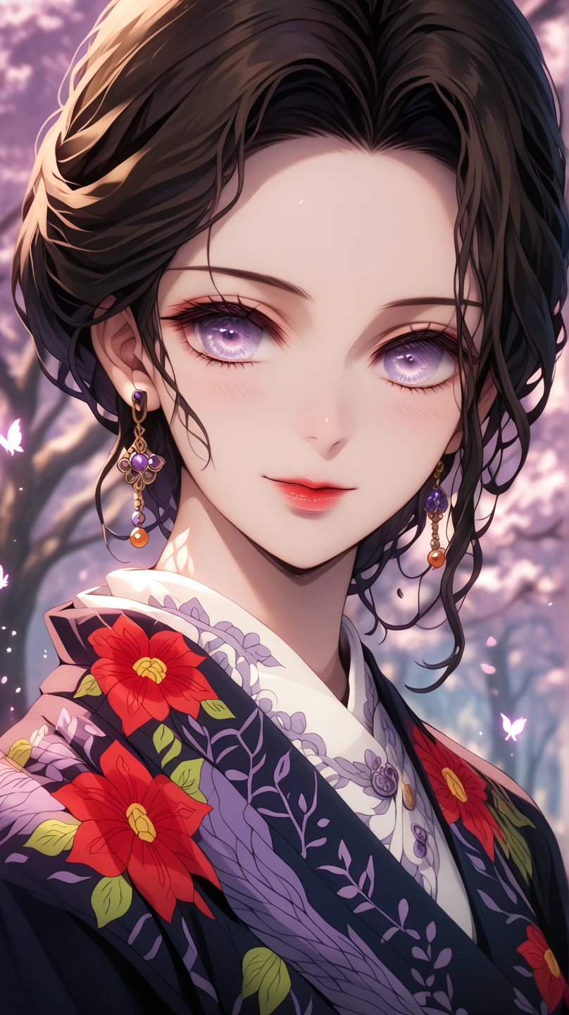 A mesmerizing surreal illustration of Shinobu Kouchou from Kimetsu No Yaiba. She has black hair, purple eyes, a butterfly hair ornament, and wears a vibrant pastel colored bikini. The background is a vintage floral-patterned wallpaper that complements the artwork's colors. The line work is precise, with delicate shading that gives the illustration a 3D quality. The artwork fuses modern illustration techniques with traditional Japanese aesthetics, resulting in a visually striking, portrait,
