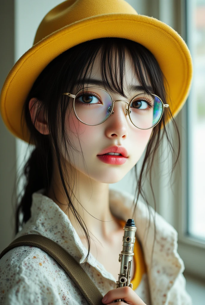 (best quality、masterpiece、high sensitivity、high resolution、detailed description、depicting a delicate face、Ｆvalue：6.0),((Slender Woman、wearing glasses)),elementary school student、school bag for lower grades、yellow hat、Hold the recorder、