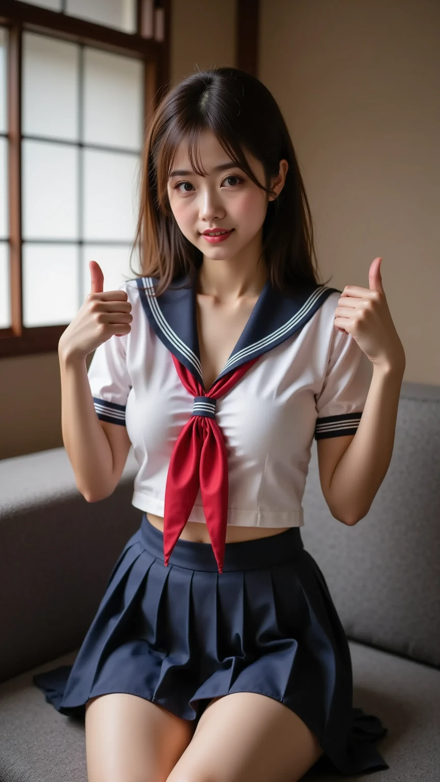 ((masterpiece, 最high quality, 8k, One Girl, Blowjob Pose、penis))、high quality、masterpiece、Ultra-high resolution、beautiful girl、beautiful girl顔、Cute girl face、Wear a sailor suit、School Swimsuit、Delta Region、Lesbians around the world、Famous Japanese actresses、Very beautiful face、Beautiful breasts、sexy、Twin tails、Huge breasts、Too big、Saggy breasts、whole body