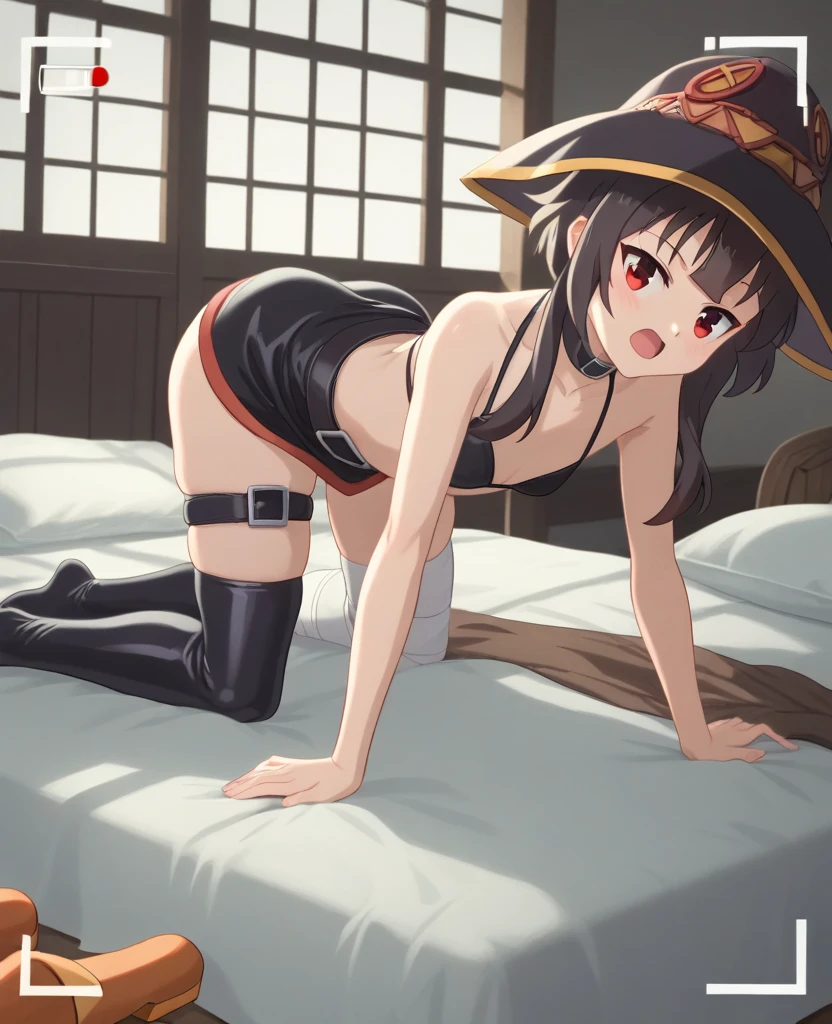 (masutepiece, Best Quality、超A high resolution、Photorealsitic:1.3、Isekai Fantasy),hyperrealistic illustrations,Perfect focus,Perfect body、(beauitful face:1.4)、独奏、 1人の女性,Megumin, Short hair, Dress, Red dress, hat, Witch Hat, Belt bag,on the park,((Lying on your back:1.3)),(Spread legs:1.3) ,(Ultra Micro Panties,Deeply bitten panties,very thin and narrow wet panties),(:1.4),Looking at Viewer, Cute, tiny chest,small tits, red eyes, Dark hair,embarrassed:0.4, is crying:0.3,Late night bedroom background,(Low position shooting: 1.35),(Close up of female genitalia:1.25),full of sweat、(Ceiling from below:1.2)