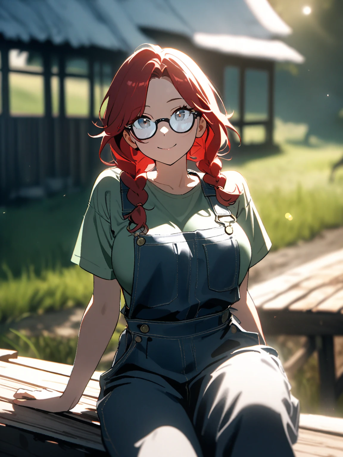 A large woman with a big chest, red hair, short braids, her brown eye, wearing  glasses and wearing a striped white top, showing her navel, and her short pair of forest pants, a pair of white net socks, and a pair of white leg socks. 