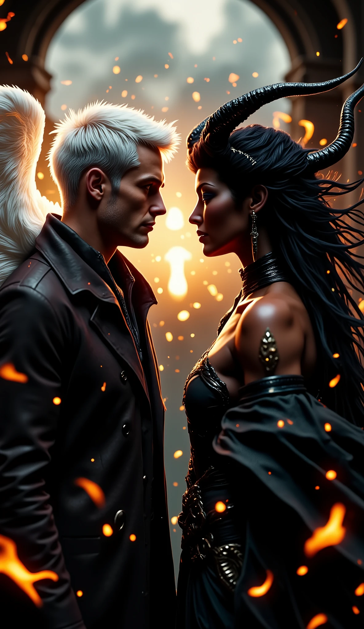 this one again
A captivating portrait shows an angel and a demon in stark opposition. On the left, a man with short white hair and a stern expression wears a dark, high-collared coat. He has white, feathered wings and a glowing halo, symbolizing his angelic nature. On the right, a dark-skinned woman with long, braided hair is dressed in a black, off-the-shoulder gown. She has dark horns and bat-like wings, with flames rising behind her, signifying her demonic essence. Both figures are facing each other, their intense gazes creating a powerful contrast between light and darkness.