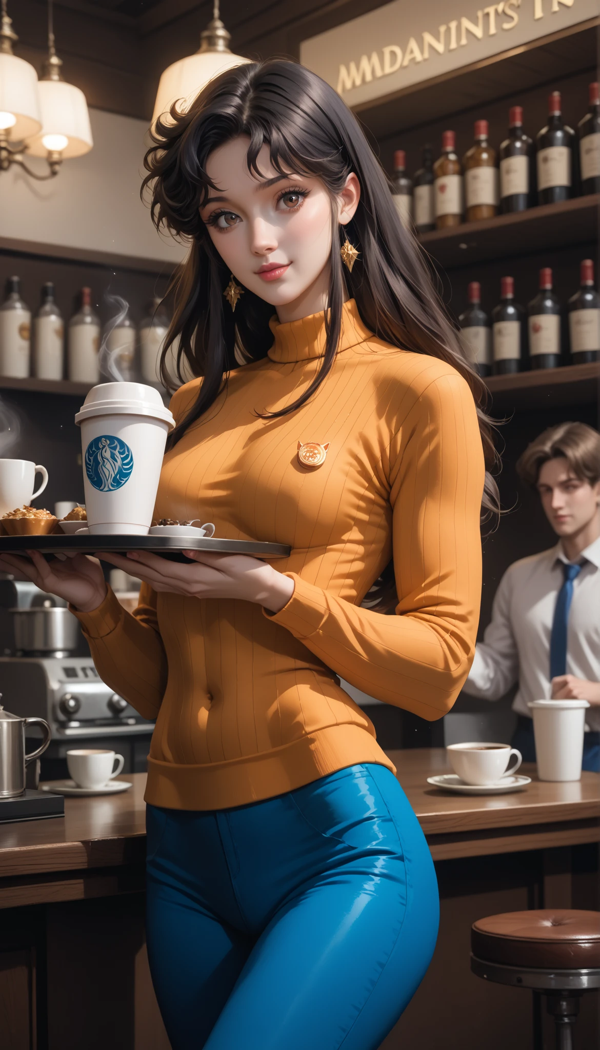 Cat Eye Hitomi, blue pants  (dnins), orange sweater, over the aprons (white and blue), black hair, Long hair, brown eyes, slim girl, skinny girl, carries a tray with a cup of coffee, better quality, masterpiece, super realistic, 8 k