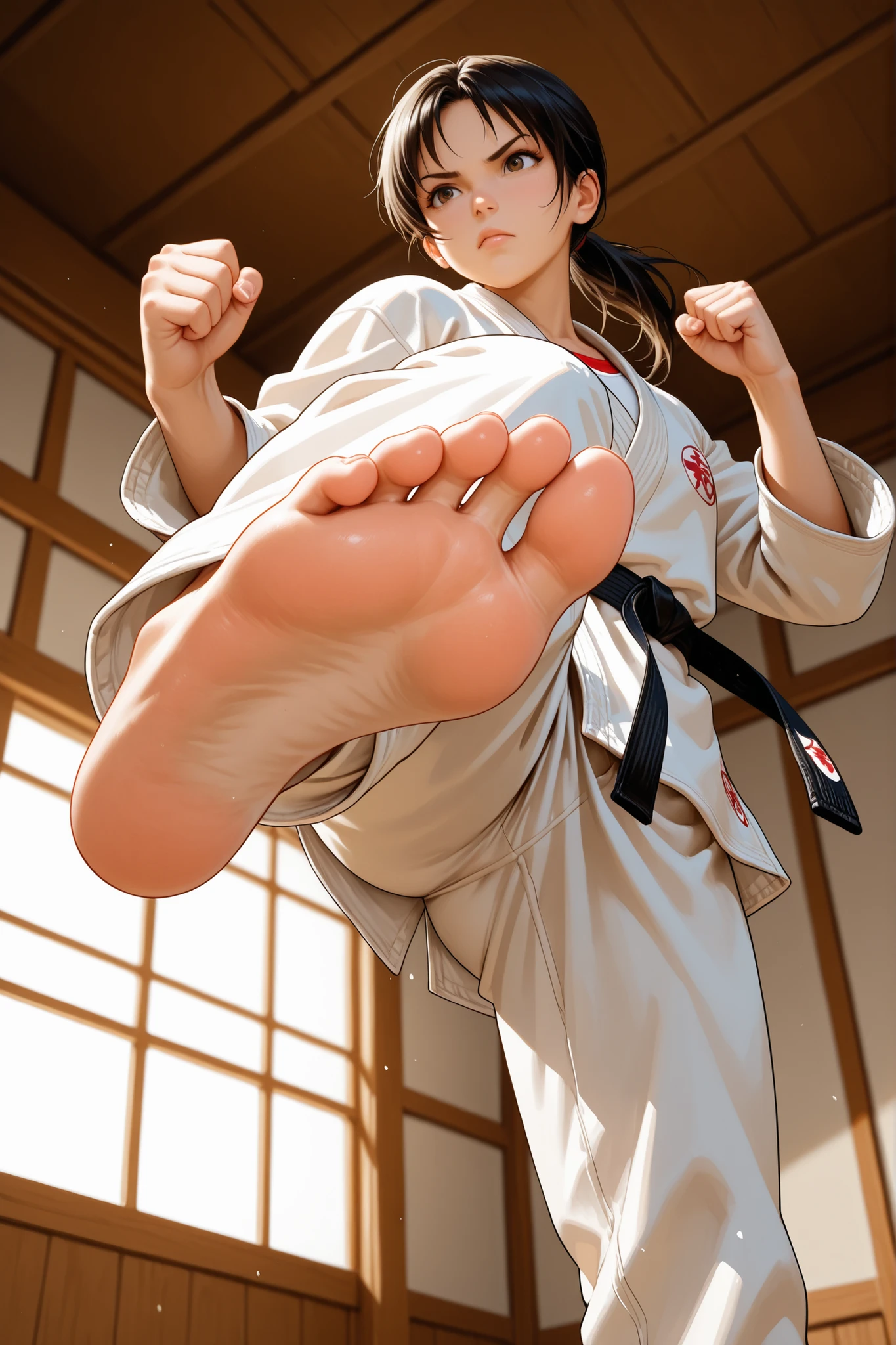 dougi, barefoot, martial_arts_belt, kicking, feet, karate_gi, 1girl, solo, soles, from_below, foreshortening