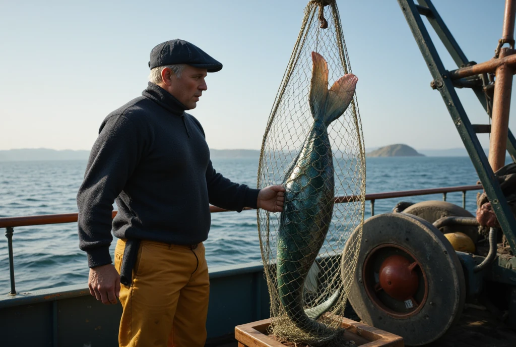 Masterpiece photo, photorealistic view of a a muscular fisherman in his middle years, wearing rubber fishing pants, a coarse-knit turtleneck sweater and a tight woolen sailor's cap. He is standing on the deck of an fish-trawler under a crane from which the huge fishing net of the trawler is hanging. The lower part of the net is filled with a mass of silver shimmering Hering fishes, some halibuts, flounders, crabs and crayfish. In the narrow upper part of the net, an anxious, very beautiful mermaid is captured, looking frightened. Her hands hold on to the inside of the net. Instead of legs she has one big fishtail and the lower body of a fish. The fisherman looks at her with astonishment and awe. One of his hand lays on the lever for the crane winch. Morning light shines from side. In the background is just a calm sea. The horizon is hidden by morning mist. (((hyper detailed))), UHD, 32K