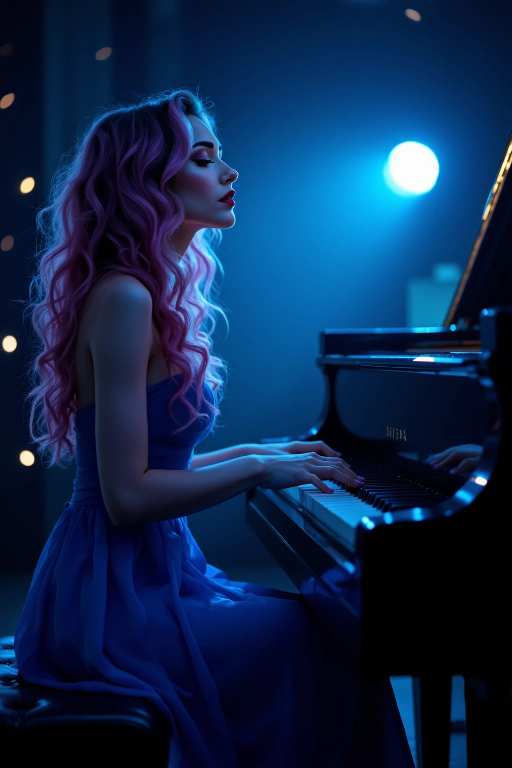 8k, digital image, hdr, sitting on a white ivory sofa with gold, red details, a beautiful woman, 25 years old, beautiful, eyes closed, long purple hair, blue silk dress, headphones
