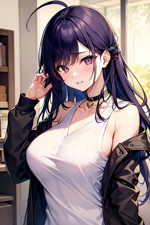 (masterpiece:1.37), best quality, (extremely detailed:1.37), woman, (very long hair:1.5), dark purple hair, purple eyes, (extremely detailed eyes:1.37), wetting self, stylish jacket, multicolored jackt, jeans, cleavage, navel, city, high-tech, street