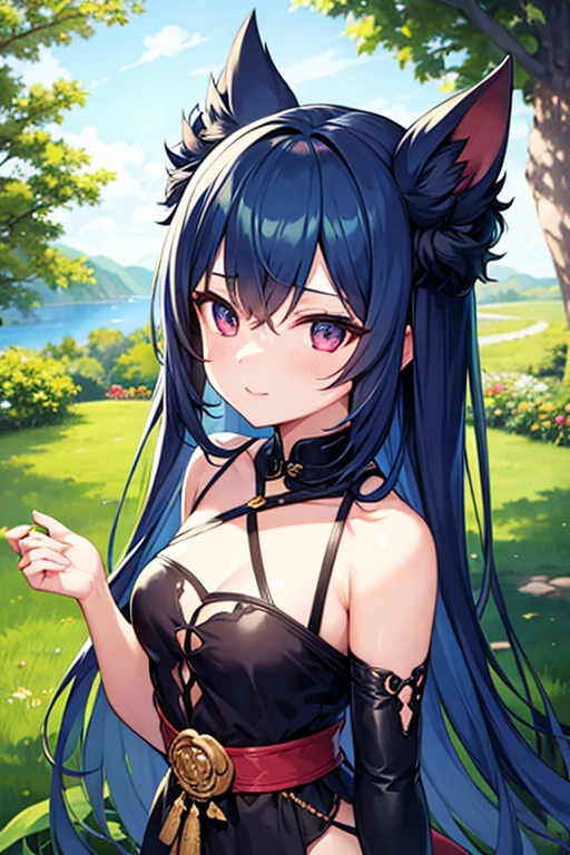 high quality, masterpiece, super detailed, 1 girl, Extremely detailed faces,Blue latex lace bikini,Blue by Capelet,princess crown,Calm expression,bright red lips,Smile,handcuffs,collar,long black hair, Charming pink eyes, fox ears, castle,garden,waterside,