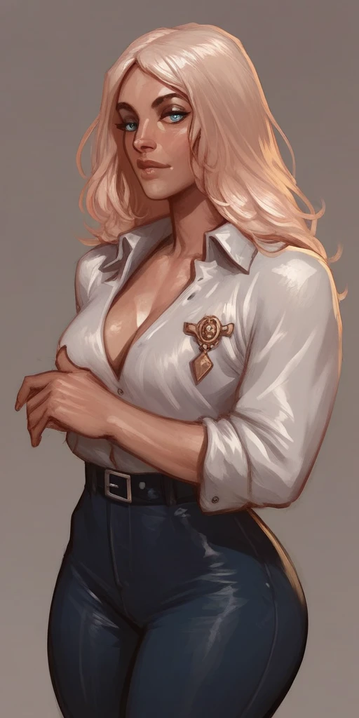 score_9, score_8_up, score_7_up, score_6_up, score_5_up, score_4_up, BREAK solo, 1girl, Asian female, cowgirl outfit, cleavage, white shirt, brown pants, tattoos, bob cut, white hair, black lipstick, lovely, masterpiece.
