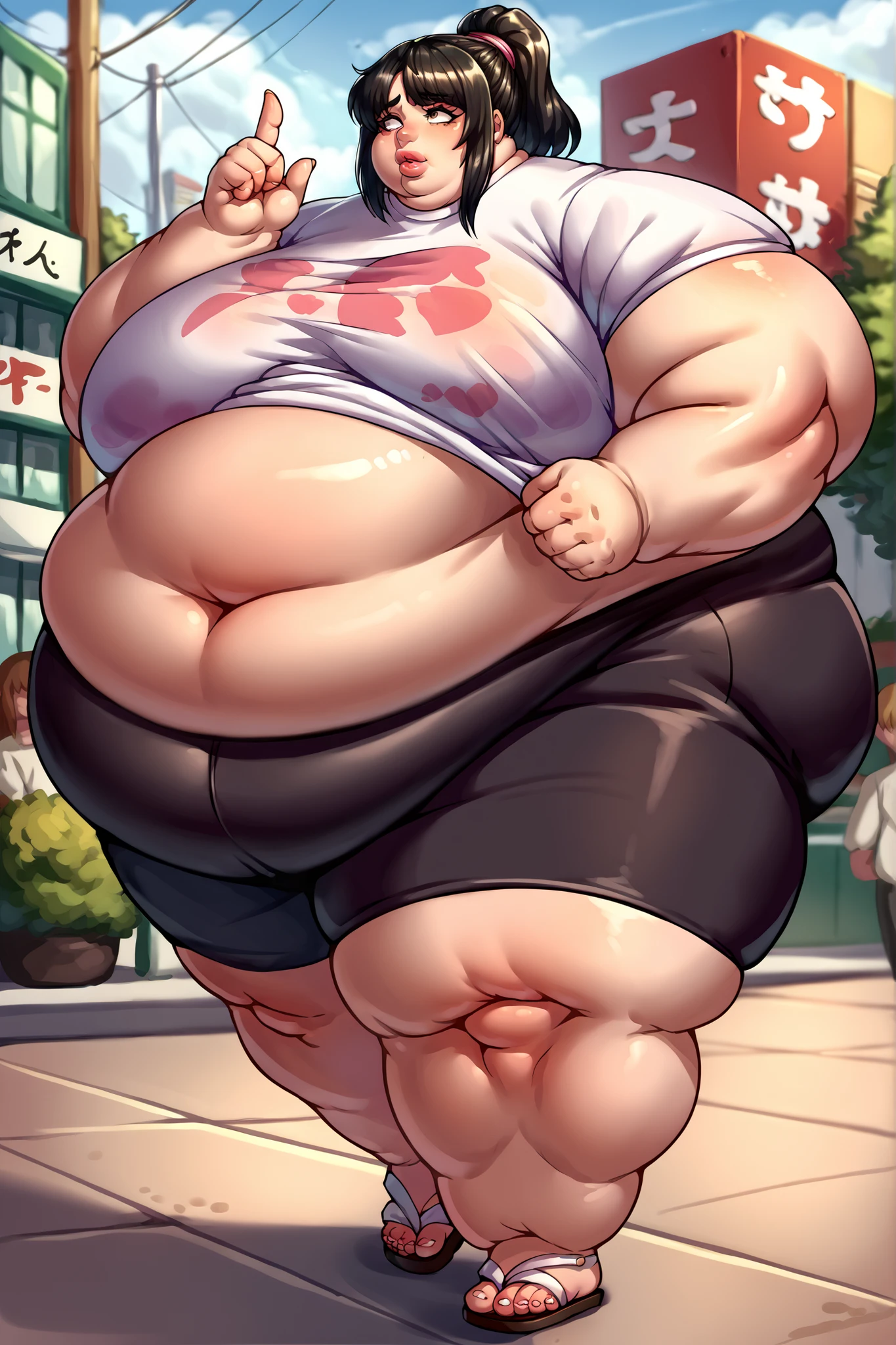 score_9, score_8_up, score_7_up, source_anime BREAK 1girl, solo, shihop5, black hair, ponytail, oversized shirt, black bike shorts, sandals, giant hands, giant feet, fat, chubby, obese, gigantic arms and legs, gigantic breasts, sagging breasts, full body shot, fat face, chubby face, double chins, big lips, fat hands, fat finger's, chubby hands, chubby fingers, arms to the side, walking in public,