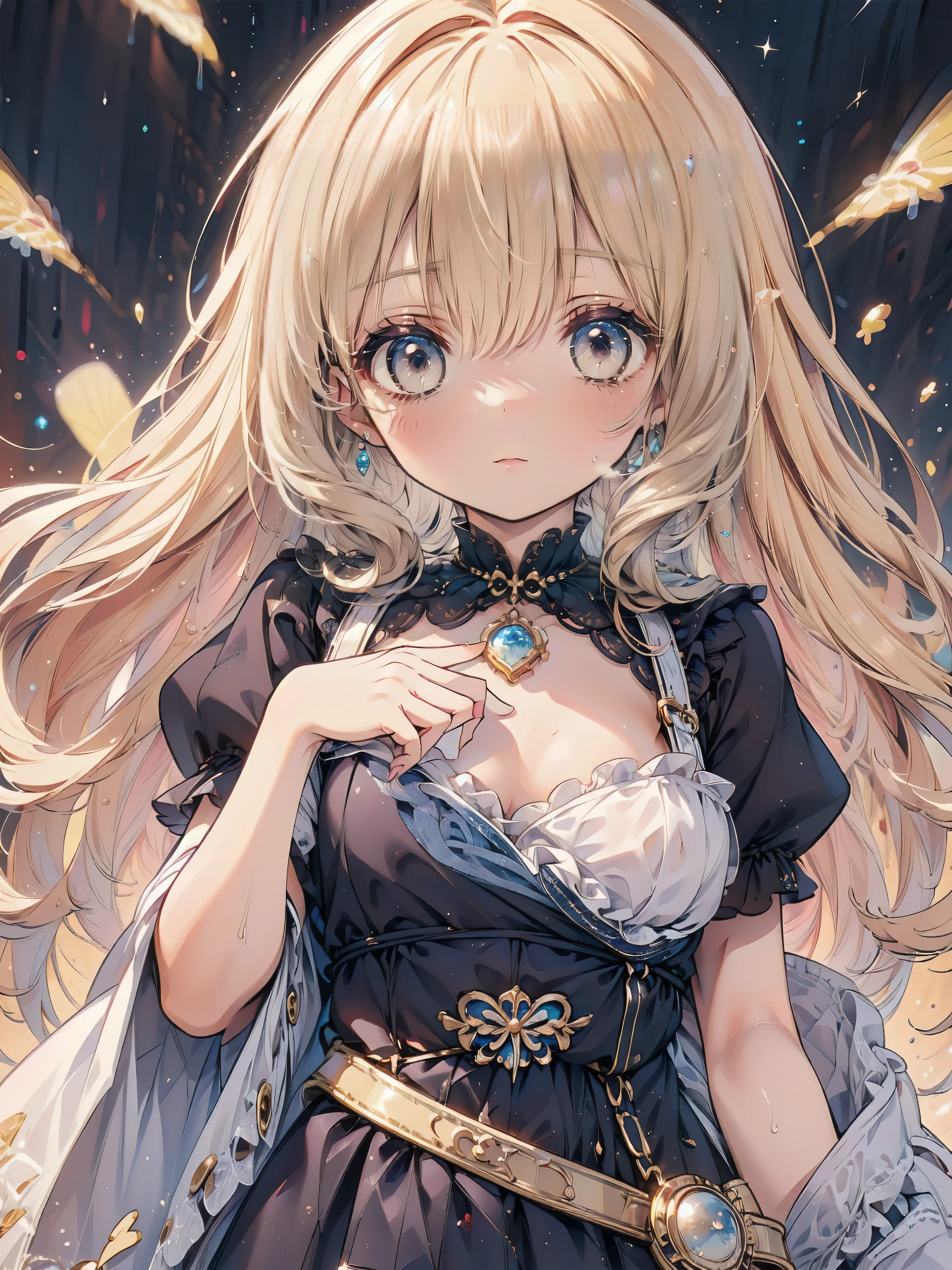 Dots are、明るいピンクの頬、she has chin-length, curly, golden blonde hair with wavy bangs.、she'dark-skinned girl, she is wearing a bright red headband with a ribbon on the right side of her head.. Dots are、she wears a shiny pastel blue and scarlet red dress with a small ribbon belt around her waist。, white collar, 4 crimson buttons, Bright red lining. sheのドレスの下には赤と淡いブルーのチュールスカートがある.. she also、Red top with white socks、she is wearing carnation pink high-top sneakers with bright red shoelaces, Shine; glitter, (NSFW:1.4), (1girl), (flat chest:1.1),