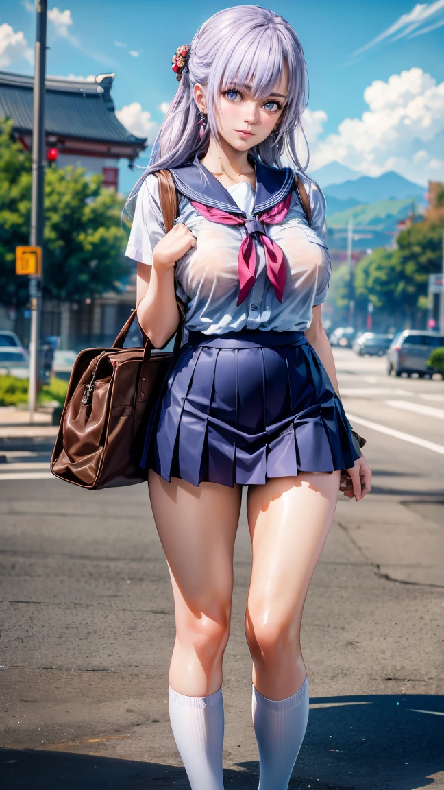 (((masterpiece, Highest quality, High resolution, 超High resolution, Pixel perfect, Written boundary depth, 4K, RTTX10.0))), Beautiful Anime Woman, Beautiful art style, Anime characters, ((Smooth texture, Realistic texture, Anime CG style)), Exact finger count、Exact number of legs、(Exact number of arms:1.0, Exact number of hands:1.0), (Perfect hands, Perfect Anatomy), Cinematic, Realistic, Highly detailed CG, Daytime lighting, Perfect lighting, Best Shadow, The best natural light, whole body, Perfect body, ((Long Hair, bangs, Dark brown hair, Bobcut)), (Detailed face, Beautiful Face, Beautiful eyelashes), (An adult woman is walking next to me., Lift up your skirt with your hands.:1.4), (Fashionable white shirt, Sailor collar, Navy knee socks, loafers, Navy pleated mini skirt:1.3)、Angle from the front, ((Stylish shiny satin panties, Side-tie pink panties, pink lace trim:1.3)), (beautiful and big breasts:1.2), (Beautiful and thin thighs:1.3), Feeling embarrassed, (blush:1.2), (Very embarrassed look:1.4), Very patient expression, (Urban hustle and bustle, Buildings on the background, Sidewalk, Intersection in the background, In the background, a large number of people dressed in clothes々々:1.4), Her breasts are visible