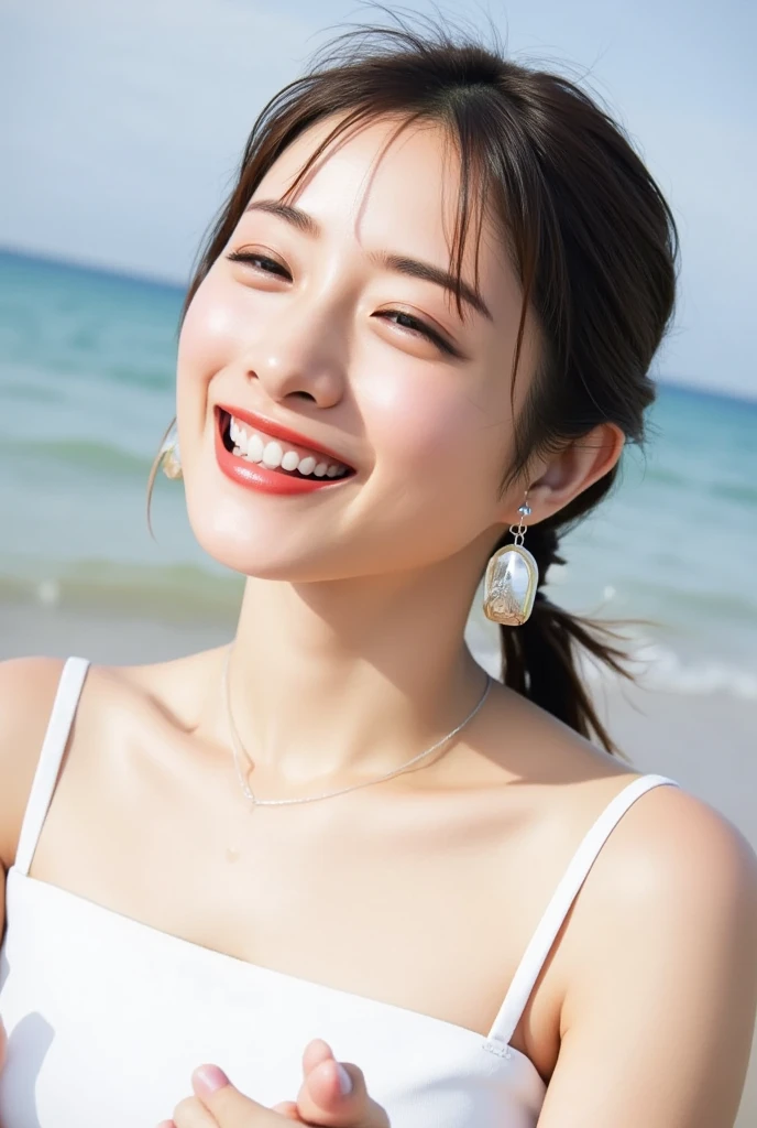 masterpiece、highest quality、official art、Highly detailed CG Unity 8k wallpaper、like 、very delicate and beautiful、超A high resolution、(Photoreal:1.4)、golden hour lighting、(Upper body)、(platinum hair:0.8)、(puffy eyes)、looking at the viewer、facing there、laughter、、、short black hair、White microbikini、See-through、wan wan style、return, Cleavage, Big Breasts, Beautiful abs,