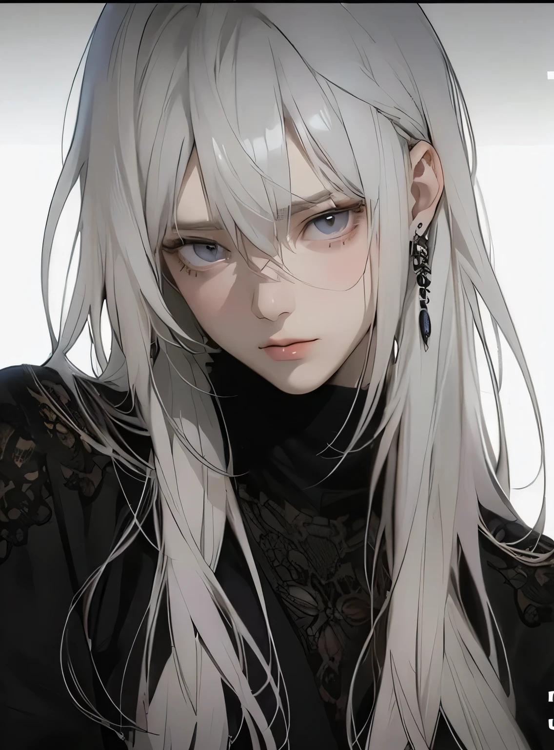 Anime-style portrait of a young male character,with light purple hair and cat ears,Emotions Depressed 。Portrait of a young male character in three-quarter view,hands close to face,Look down。Characters look like they're ten or twenty years old, Skin tone White Boy ,body Sturdy。Other Wear a simple、Flowing white belted outerwear Dress,is tied at the waist Light gray belt。skirt draped downwards,pleated soft。Clothing style seems to be inspired by costume animation of the times。background is stylized gray and soft tones,with abstract pattern,reminiscent of a hazy or contemplative atmosphere。Light with soft、Diffused light source,does not cast a prickly shadow,creates an overall calm、Detailed atmosphere。composition balance,The character is slightly off center。perspective centered on the person,background details Soft。soft tones and gray、White and light purple dominate the palette statuses。texture smooth、meticulous。Character features clear and expressive,with clear eyes、眉毛和精緻的鼻子等meticulous的面部特徵。The hair and clothing style of the character