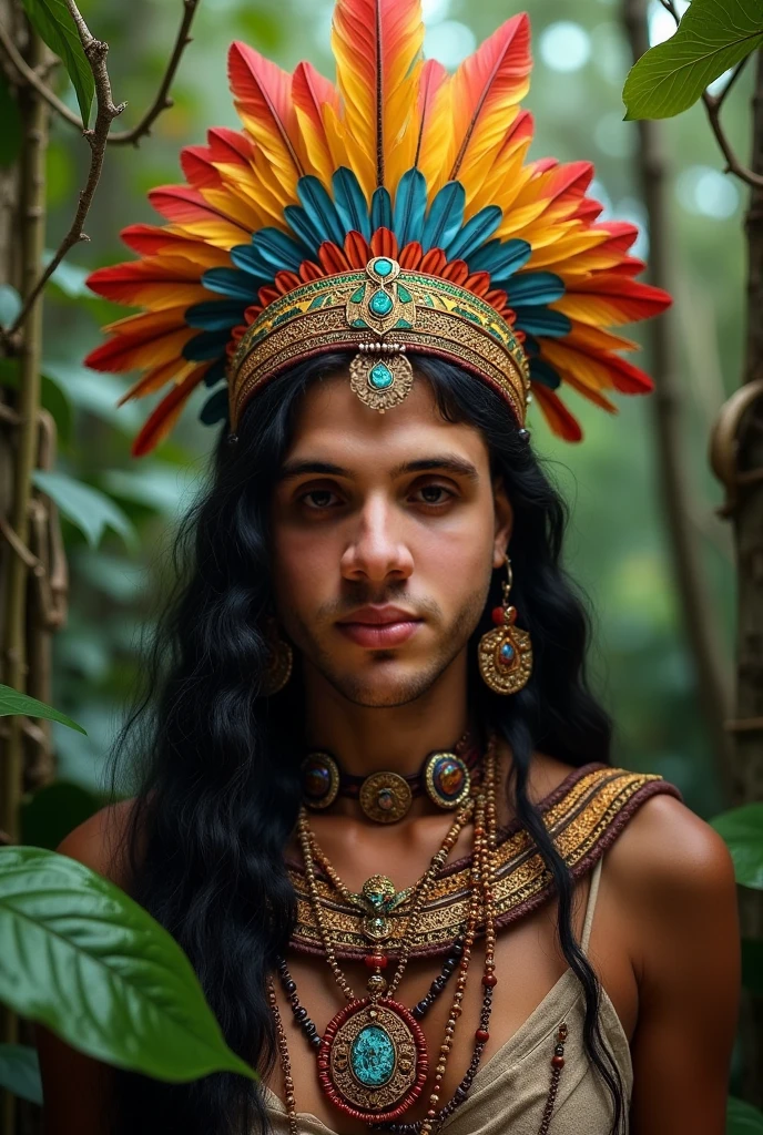 South American Tupi-Guarani indigenous man, with feathers on head, cabelo comprido, strong holding a long spear, pintura facial branca, vermelha e preta. Metade do corpo como o de uma cobra, parecendo a medusa, do folclore grego, in the middle of the waters of the Amazon River, a tarde
