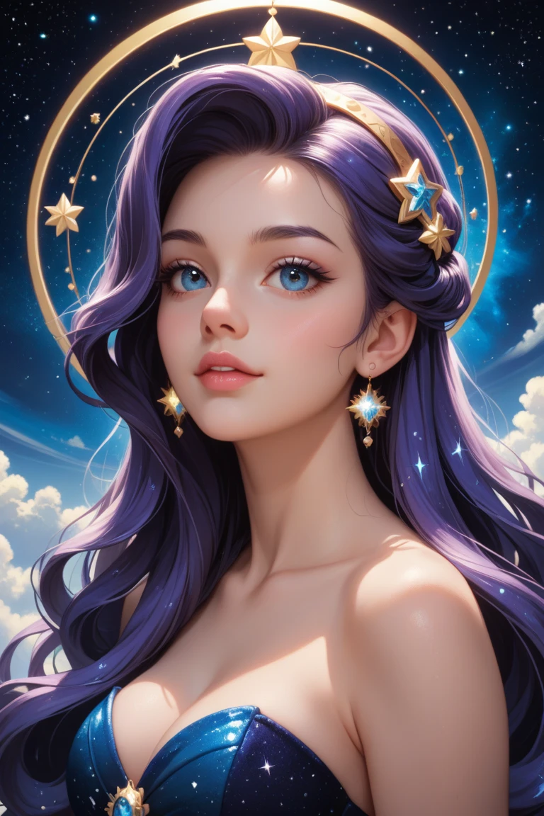 Close-up of a woman with showy hair and necklace, anime girl with cosmic hair, The gentle vitality of Rossdraws, Gouviz style artwork, fantasy art style, showy], vibrant fantasy style, Ross&#39;s cartoon draws full of energy., cosmic and showy, guweiz, showy digital fantasy art, Stunning art style, Beautiful anime style, White skin, evening coat,