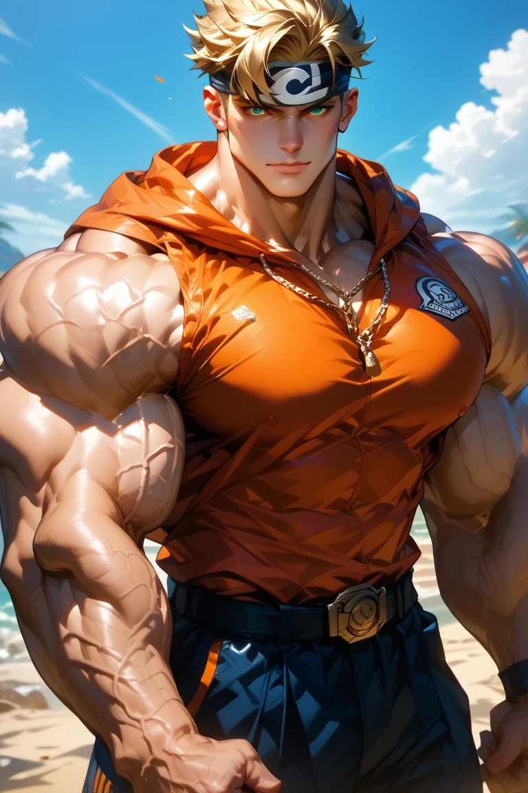 Anime style male character, 22 years old, bodybuilder, wearing white sport short, with white tank t-shirt, Orange sport Jacket, flip flops and a backward SnapBack on his head, flexing