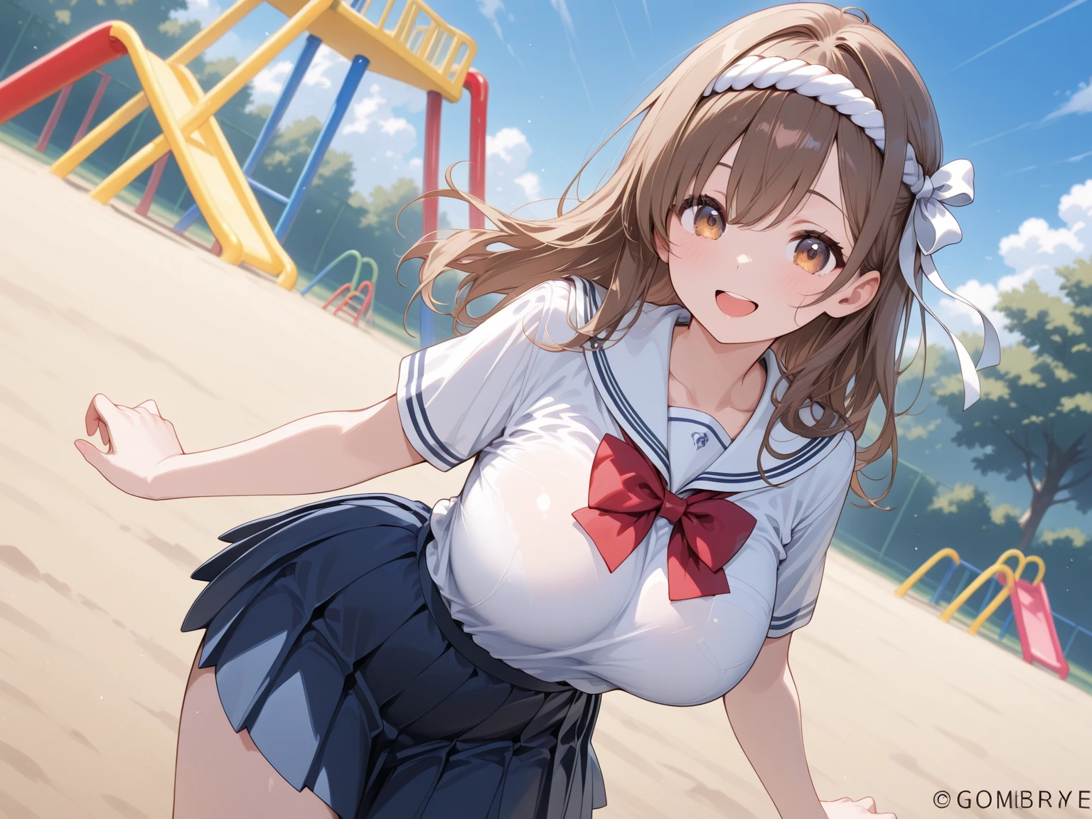 (((masterpiece))), ((highest quality)), ((Very detailed)), ((High resolution)), ((8k)), ((Anatomically correct)), One Woman, Big Breasts, Brown Hair, Bun hair, Long Hair, Twin tails, Very cute woman, delicate, Charming smile, Blue eyes, Bright Eyes, Best moment, Vivid eyes, Beautiful Skin, Cute face, delicateな腕, Detailed skin texture, Intricate details, Very detailedな顔, Beautiful Eyes, Beautiful curves, View your viewers, Sweat, Schoolyard at noon, Cheerleader,  Short skirt, I&#39;m rooting for you, raise one leg high, Raise your arms high, Cheerful expression, Open your mouth, upright, 