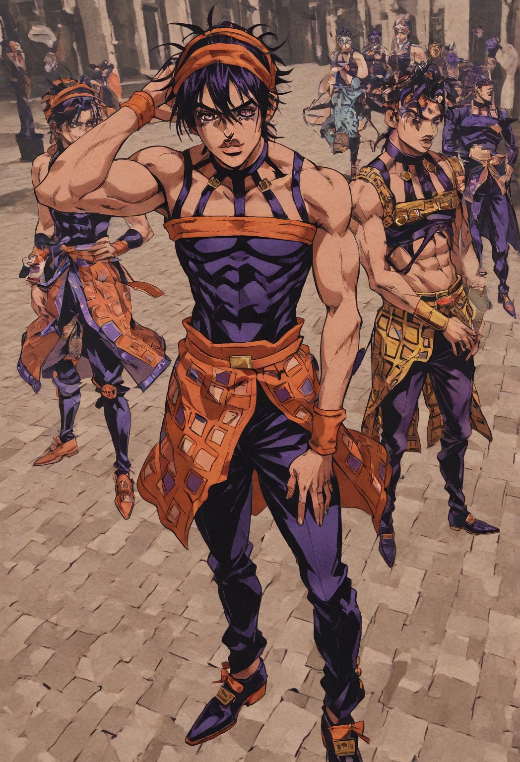 1boy, dark skin, short curly hair, shaved side, coat, brown eye, blue background,
curly hair, dark skin, round glasses, men's Egyptian clothing, golden ear piercings, golden necklace, jojo bizarre adventure
