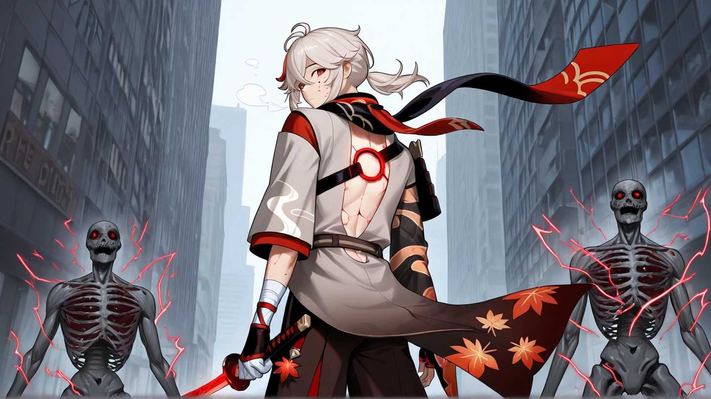 Street Brawler,Wolf Girl,The back of his hand is wrapped in a bloody bandage,His gaze was sharp.,whole body,Wearing a jacket,The moon is out at night,Six-pack,Chest is bandaged