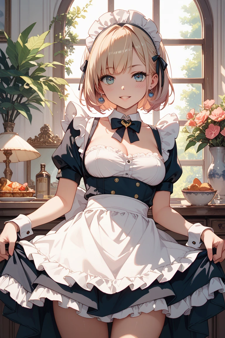 Prompt: score_9, gweda:1.5, official art, masterpiece, absurdres, anime screencap:1.5, 1girl, :o, ahoge, apron, arm support, black dress, black ribbon, black thighhighs, blonde hair, breasts, choker, cleavage, dress, frilled choker, frills, green eyes, indoors, leaning forward, maid, maid apron, maid headdress, neck ribbon, puffy short sleeves, puffy sleeves, ribbon, seiza, short sleeves, sidelocks, sitting, small breasts, solo, stairs, thighhighs, zettai ryouiki, indoors,