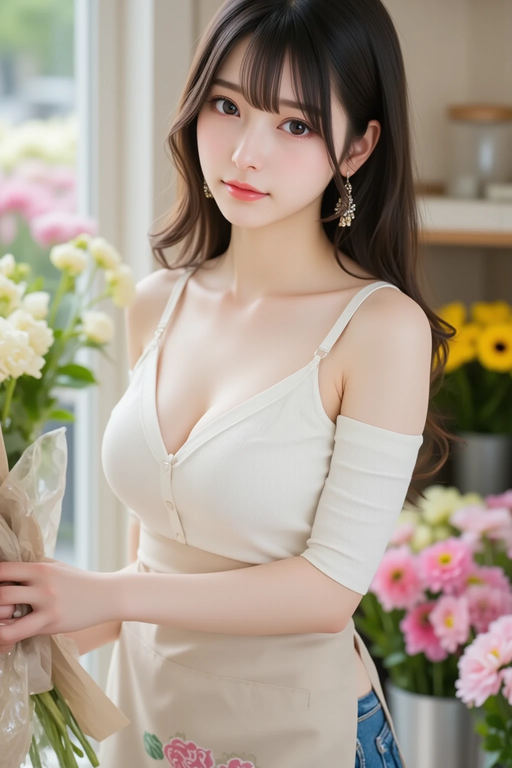 masterpiece,best quality,higher, Super ???? super cute Japanese girl、Hot, ?????? and ???? lips、Big eyes、Drooping eyearilyn (;Marilyn Monroe face)、ASİAN,(brown race),dark skin,Dark brown, loosely wavy long hair,、Twin tails、To the bun、1girl,NDGE、Super big、?????? excitement(a woman looks surprised,startled,surprised,wondering,in awe,amazed,intrigued,curious,bewildered) (as an otter cuddles up,snuggles up,nuzzles into,settle down,rest,tucks itself,snuggles into,cuddle in) (between her ???????,against her ?????,between her ?????,close to her heart,close to her body,inside her arms) and goes to sleep. (material: oil painting,acrylic painting,canvas paint,watercolor painting) (additional details: beautiful garden,flower petals,floating petals,sunshine shining,sunlight filtering,glowing light,dappled light,soft breeze,peaceful) ((best quality,4k,8k,highres,masterpiece:1.2),ultra-detailed,(realistic,photorealistic,photo-realistic:1.37),vivid colors,HDR,sharp focus) (art style: realism,impressionism,romanticism) (color palette: pastel colors,soft hues,warm tones) (light: soft lighting,warm lighting,natural lighting)