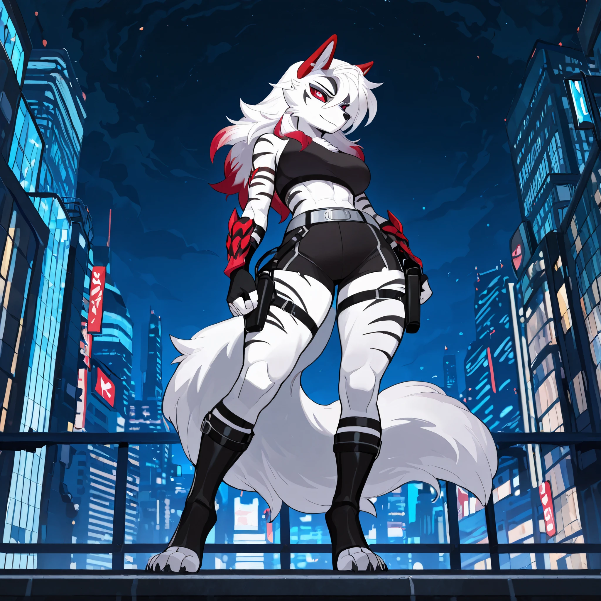 Anime style, masterpiece, best quality, full body picture, centered, three-quarters view, 1girl, PLHighwire, furry, tall, anthro, female white wolf, digitigrade legs, white fur covered body, black toeless boots, calf length boots, boots with straps, black sports bra, medium breasts, white eyes, red sclera, big city background, city at night, white face, black facial markings, white tail with red tip, (red ears:1.5), (long white hair with red highlights), knee length black shorts, wearing dual holsters, wearing a silver belt, (standing pose), (black tiger stripes on legs, black tiger stripes on arms)