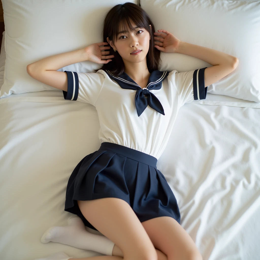 (masterpiece:1.2), super high quality, japanese girl, (super realistic), (super photographic style), 1girl, ((full body)), at noon, fine day, straight hair, (18 years old), (((legs))), large tits, (cute face), (((school uniform))), lying on her back on a bed, head on the pillows, view from sky above, ((closed eyes)), ((legs spread)), both hands on her head,