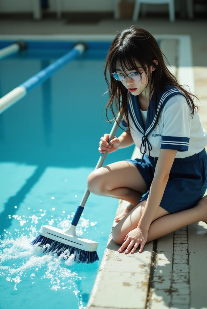 (best quality、masterpiece、high sensitivity、high resolution、detailed description、depicting a delicate face、Ｆvalue：6.0),((Slender Woman、wearing glasses)),high school uniform、in a  school pool {x} deck brush with a long handle、With、Clean the pool、in a centimeter pool、Swimming １５センチのプールで、

