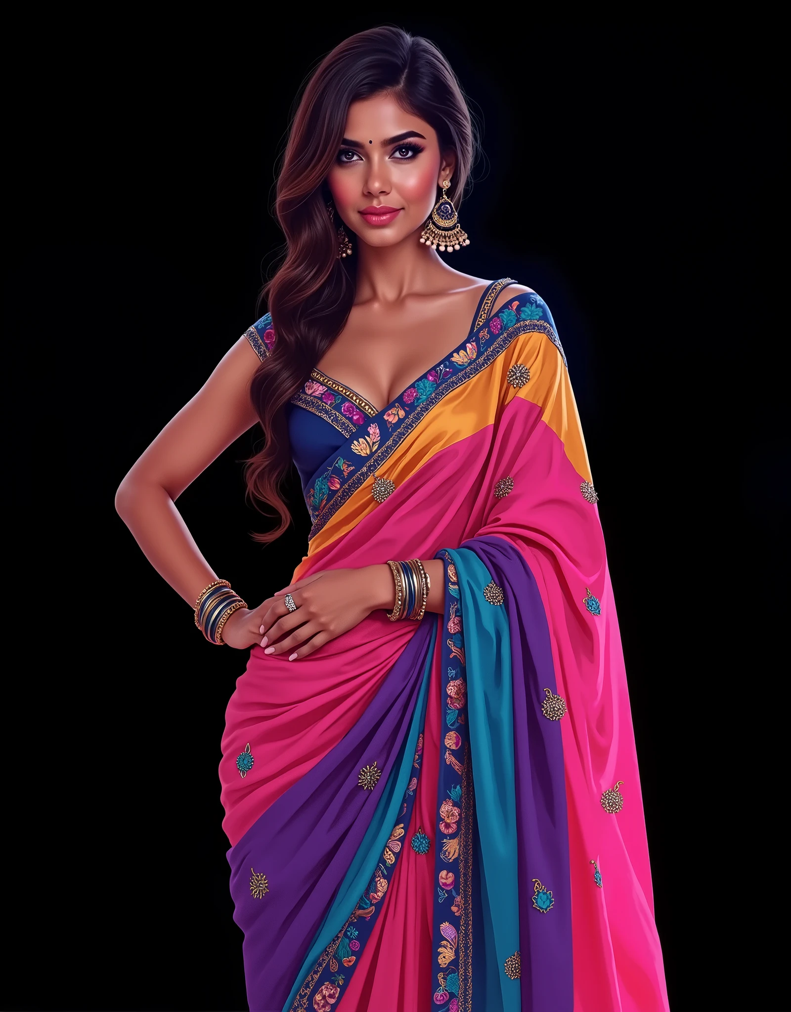 {{Indian Woman}}, {{Colourful Full saree}}, {{breast covered with scarf}}, {{SFW}}, illustration, {{2d digital vector art}}, {{Big breast, big cleavage }}, plain black background, {{Neon lights}}, {{cool, sexy}}