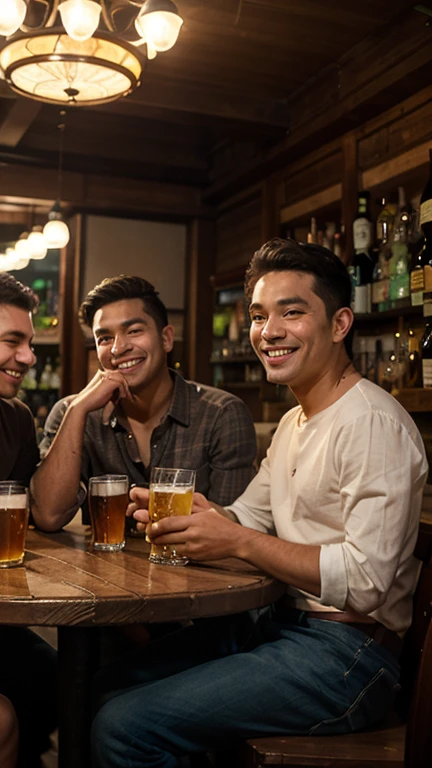 a photo of 3 brown male friends drinking beer and laughing at a table, detailed faces and expressions, ultra-detailed, 8k, highres, masterpiece, realistic, photorealistic, vivid colors, natural lighting, group portrait