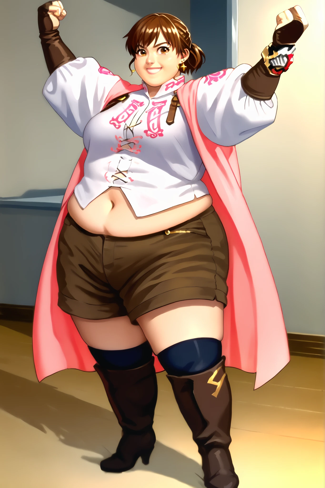 ( High quality , ultra detailed, careful with hand ), solo male, fat male, round belly, fat belly, large belly, ((tight shorts)), bulge, blushing, heart eyes, dark hair, sci-fi, cyberpunk clothes, jacket, medium length hair, arch bangs, male with fat ass and big thighs, belly focus, happy trail, moobs, round glasses, wobbly smile, possessive expression, pretty boy, chubby male, boots, exposed thighs, exposed belly, neon pink highlights, sweating, implied obsession, male yandere tag, pixiv, weight gain commission, male weight gain, fat fetish commission, deviantart, belly kink, anime style