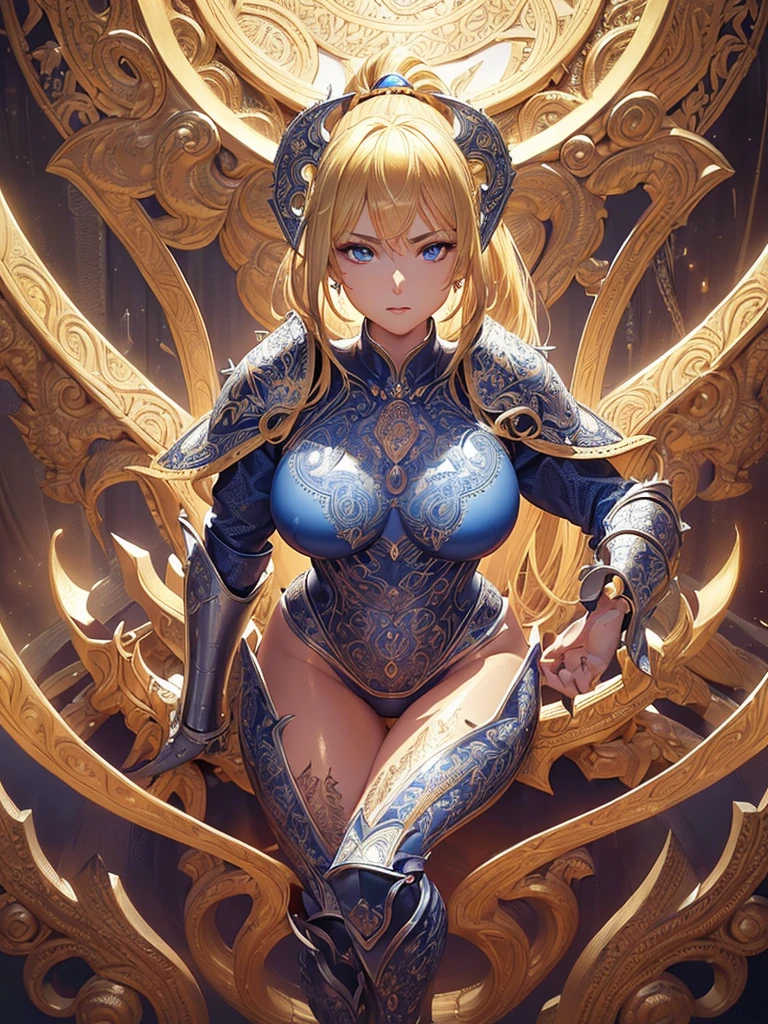 Anime girl with short blond hair and gold jewelry in front of black background, onmyoji detailed art, anime goddess, portrait onmyoji, Onmyoji, the goddess artemis smirking, goddess of the moon, intricate gorgeous anime CGI style, Beautiful fantasy empress, Works of the Goddess of Sorrow, goddess of the moon, goddess of the moon, (Colossal tits:1.4), (Detailed eyes:1.4), (Perfect Anatomy:1.2), (The tattoo)