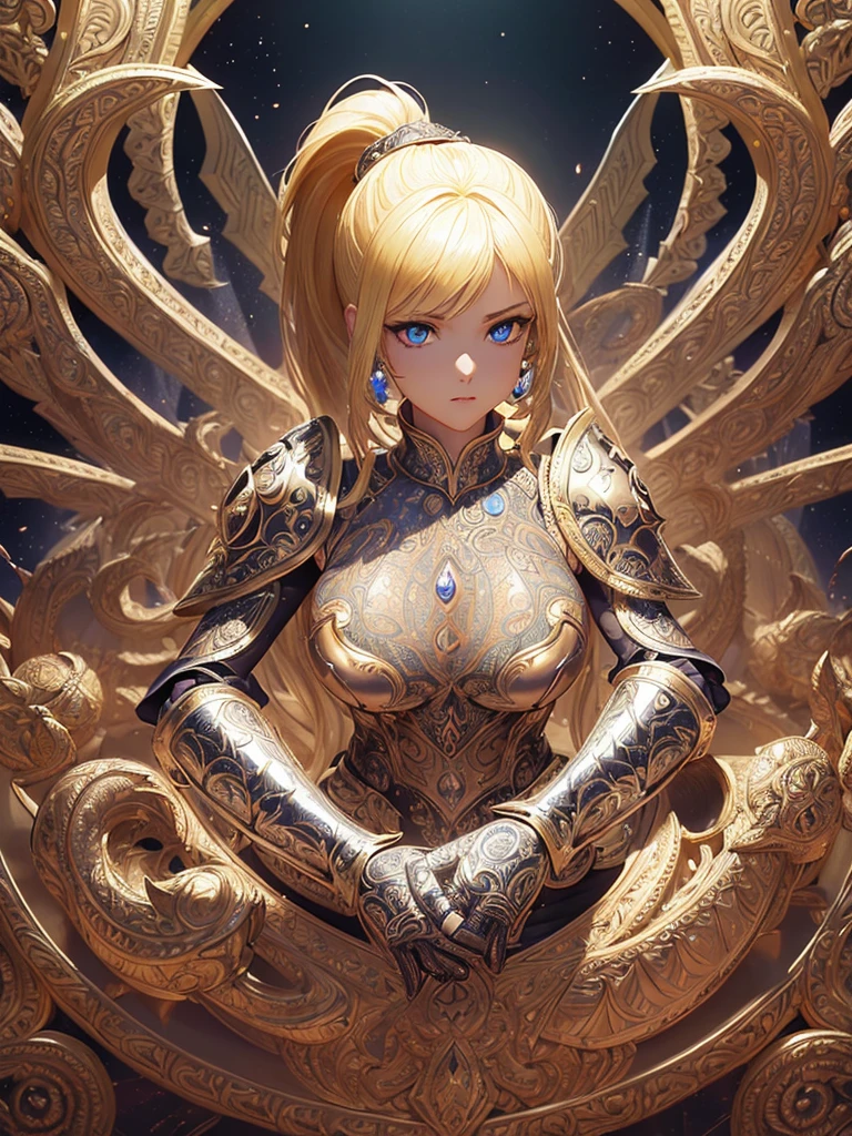 1girl, dark scene, front view, (upper body:1.2) portrait of (beautiful paladin princess:1.2) figths monster, (ivory skin_color:1.2), beautiful face, (blonde braided hair:1.2), (lips:1.1), yellow eyes, athletic, (wide hips:0.9), (thick thighs:0.9), (short white skirt:1.2), (light leather armor:1.2), (black corset:0.9), frills, golden atmosphere, medieval, fantasy, radiant colors, volumetric lighting, cinematic lighting and shadows, very detailed, cinematic, tall, nsfw, erotic, art by incase_a3