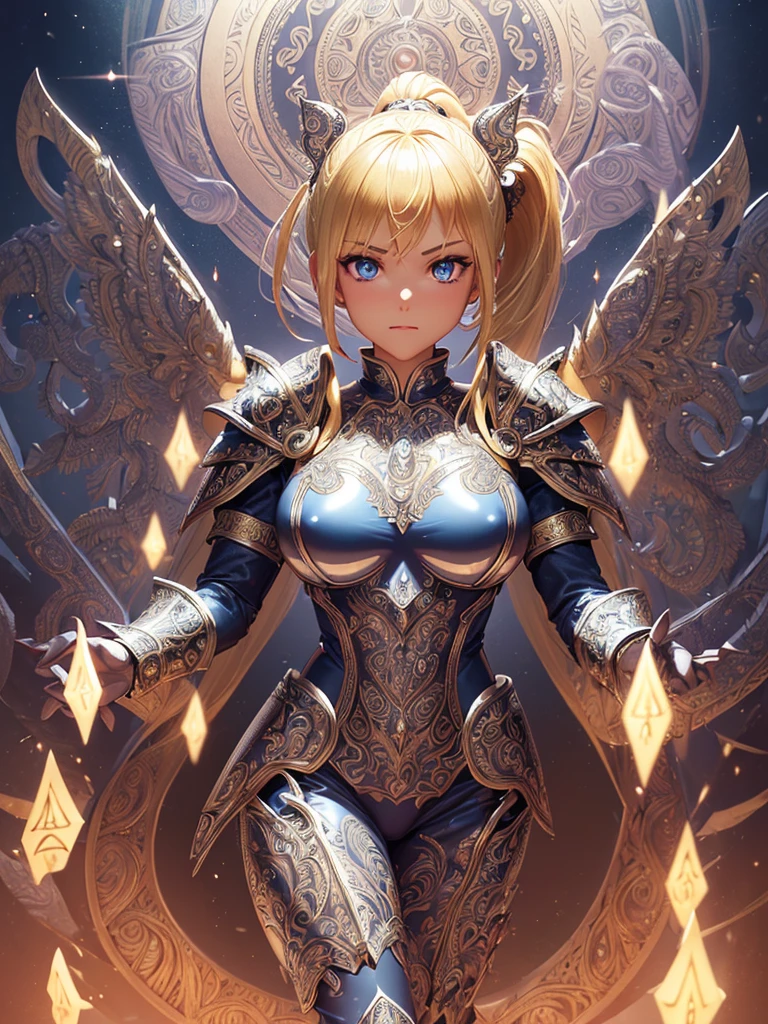 (Chibi character、Little、Ultra HD、Very detailed、Highest quality、Ultra Wide Angle、whole body、Correct body shaping、Detailed face、Acrobatic pose、Top view):2.0、(Close Combat Stance、Excessive number of objects、Excessive number of effects、Countless scattered objects、Dark knight-themed rococo-style gold-rimmed armor、A large gemstone in the center of the chest、Mechanical wings and tail:1.5、Bizarre asymmetrical armor、Neon glowing decorations):1.5