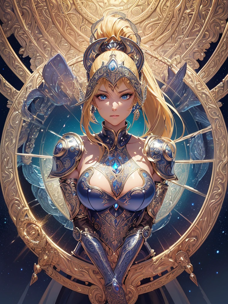 (obra-prima), (melhor qualidade), (1girl), menina em armadura dourada, pose legal, fundo do campo de batalha, fundo de fogo, starly sky, armadura de saint seiya, hair messy