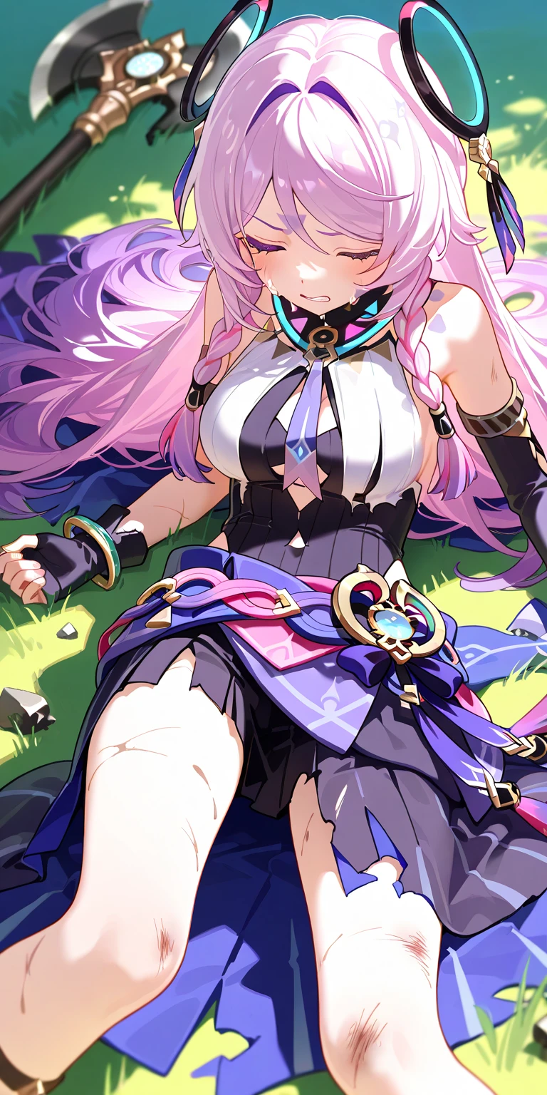 (((​masterpiece)))、(((top-quality)))、((ultra-detailliert))、(highly detailed CGillustration)、Cinematic light、intricate detailes、
full bodyesbian、Chibi、
1girl, Pink hair, poneyTail, a purple eye, (ninjartist), Short sword, Medium Blate ,scarf, wall-paper, magic circle background, Particles of light, blue fire,