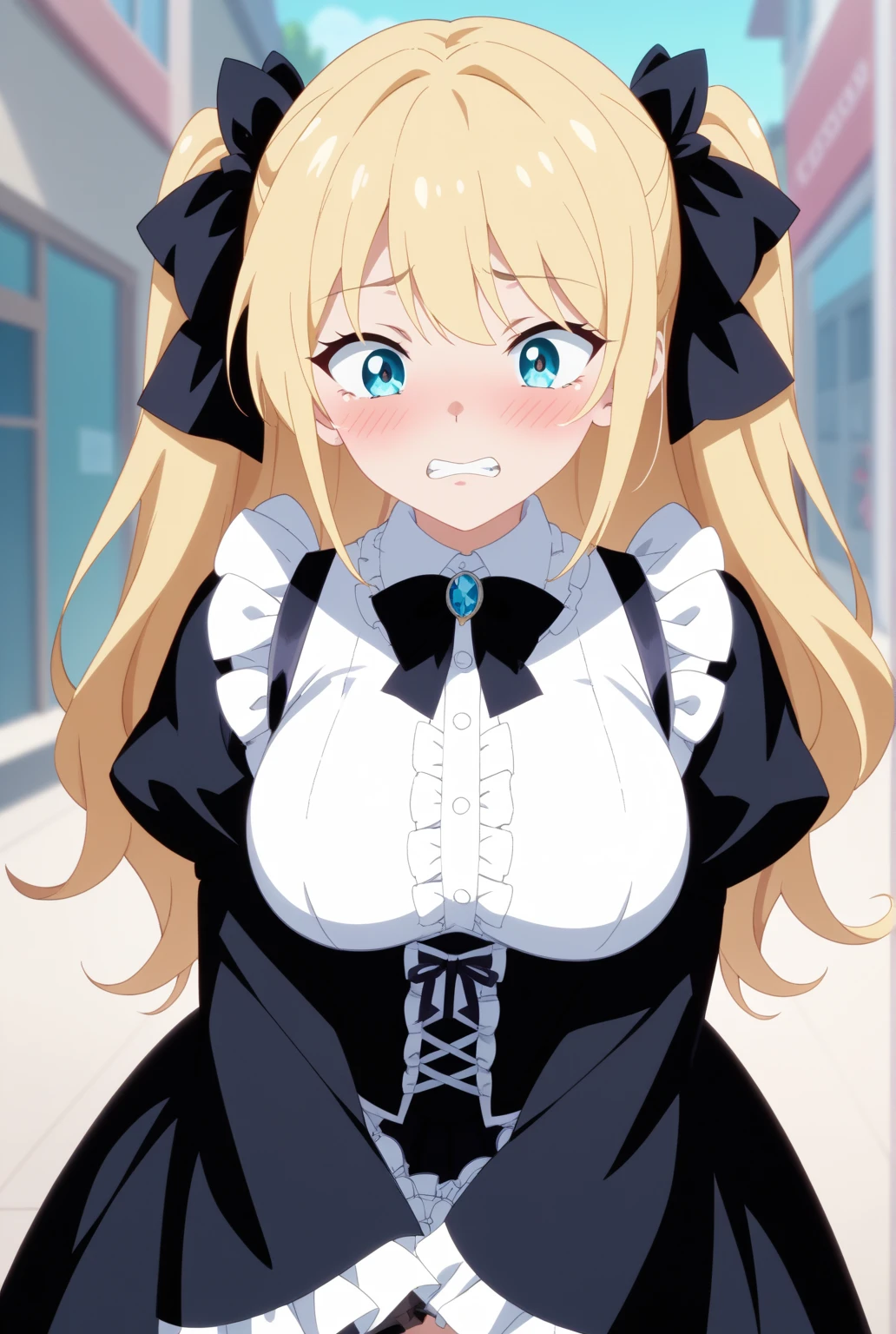 <lora:Frederica:1>,
anime screencap,
1girl, roswaal mansion maid uniform, sharp teeth, blonde hair, long hair, maid, green eyes, solo, teeth, cleavage, bangs, maid headdress, blush, dress, ribbon, long sleeves, black ribbon,large breasts, upper body, black dress, frills,hand over own mouth, smile,
