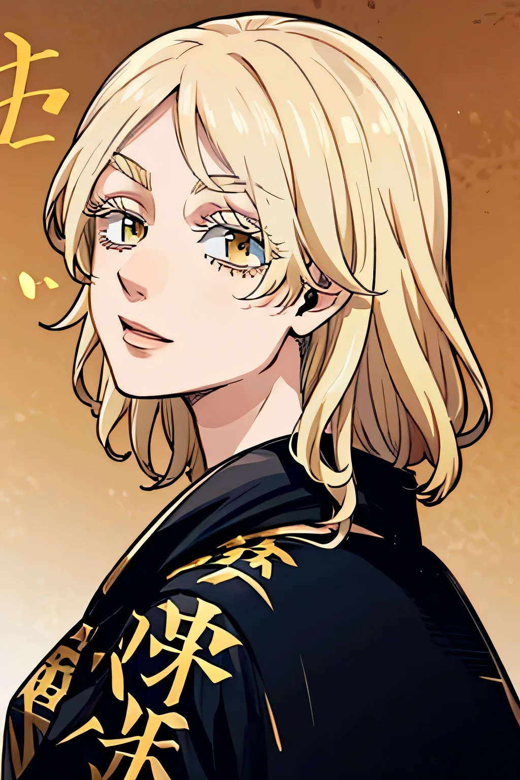 Tokyo Revengers Women's OC ,with long blonde and wavy hair,with a straight fringe and golden eyes and long eyelashes and charming appearance