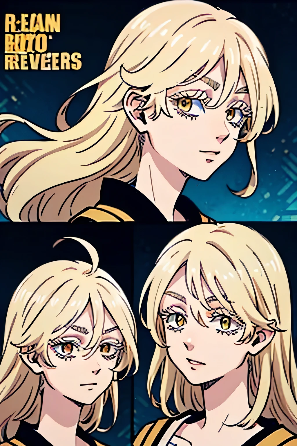 Tokyo Revengers Women's OC ,with long blonde and wavy hair,with a straight fringe and golden eyes and long eyelashes and charming appearance