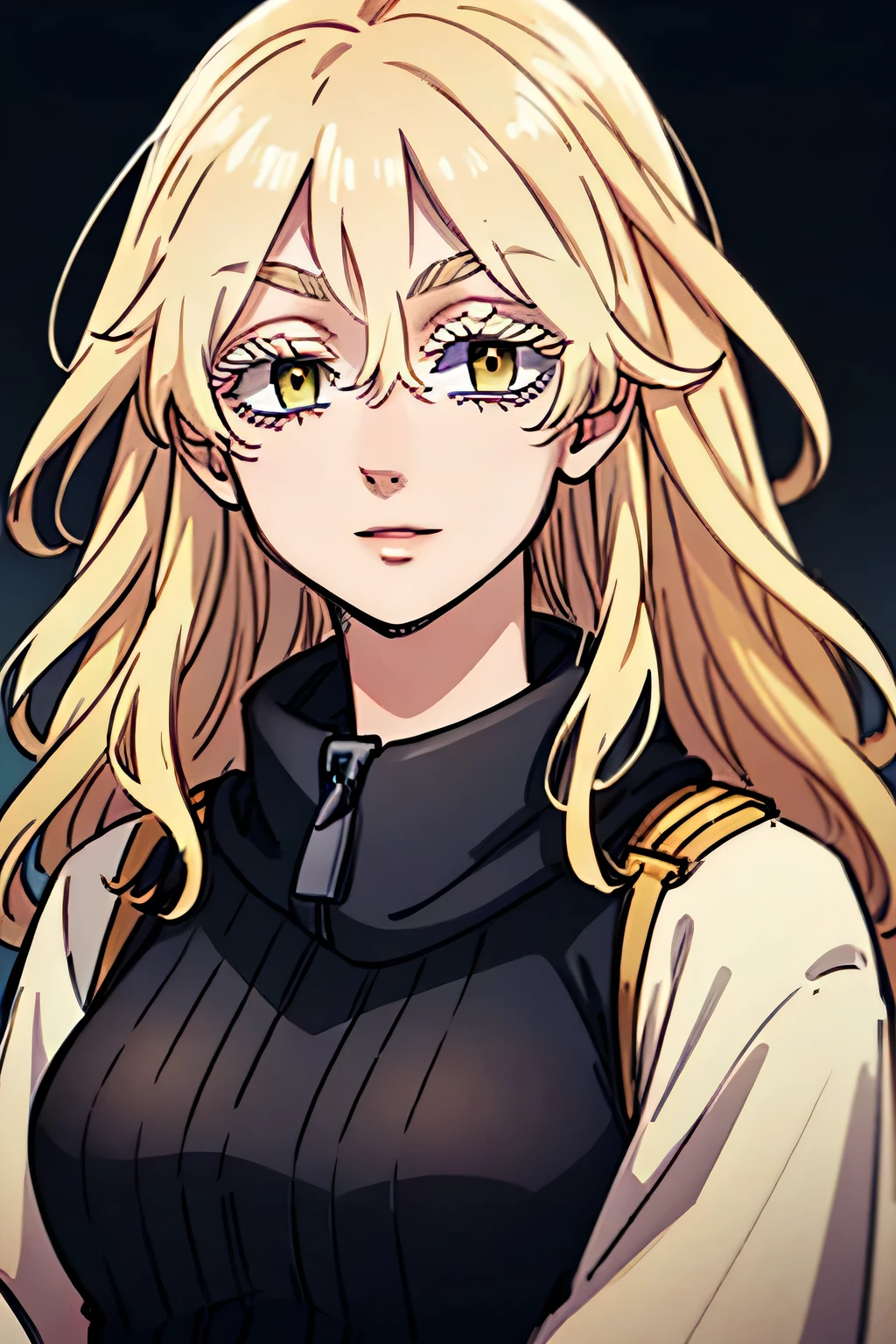 Tokyo Revengers Women's OC ,with long blonde and wavy hair,with a straight fringe and golden eyes and long eyelashes and charming appearance