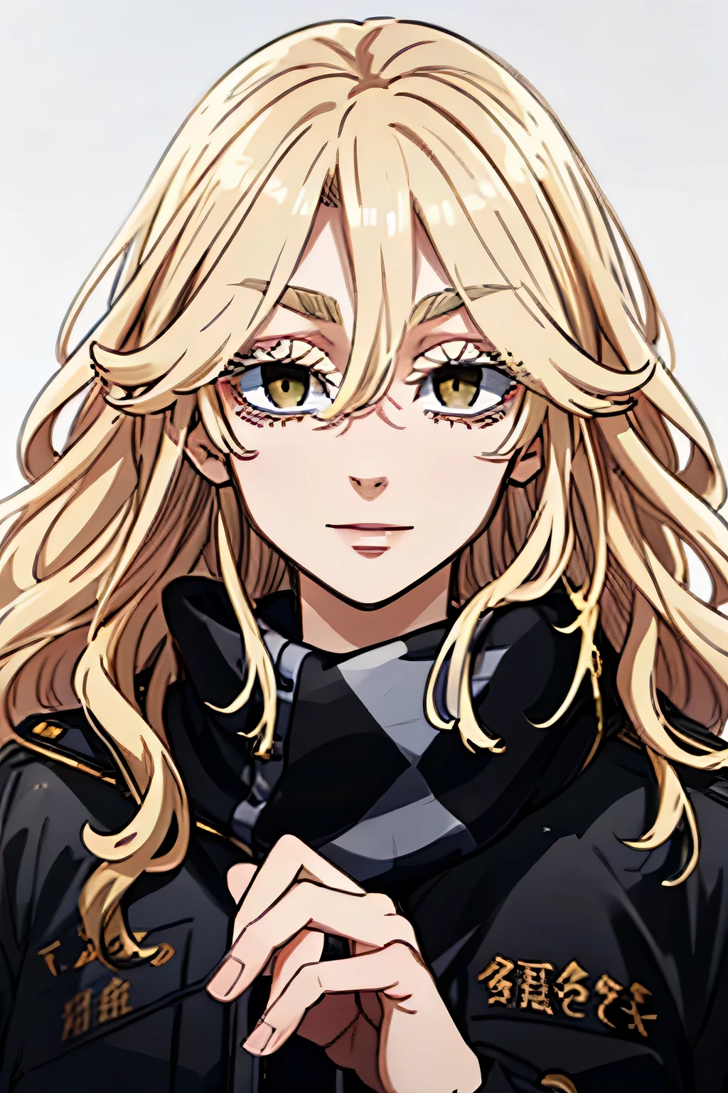 Tokyo Revengers Women's OC ,with long blonde and wavy hair,with a straight fringe and golden eyes and long eyelashes and charming appearance