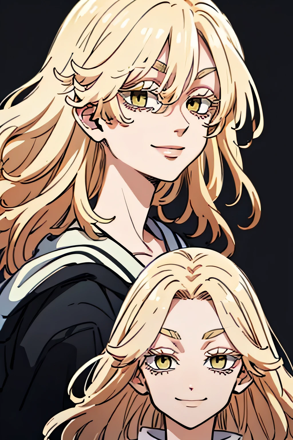 Tokyo Revengers Women's OC ,with long blonde and wavy hair, with a straight fringe , And yellow eyes , with long eyelashes and a sweet and charming appearance, smiling