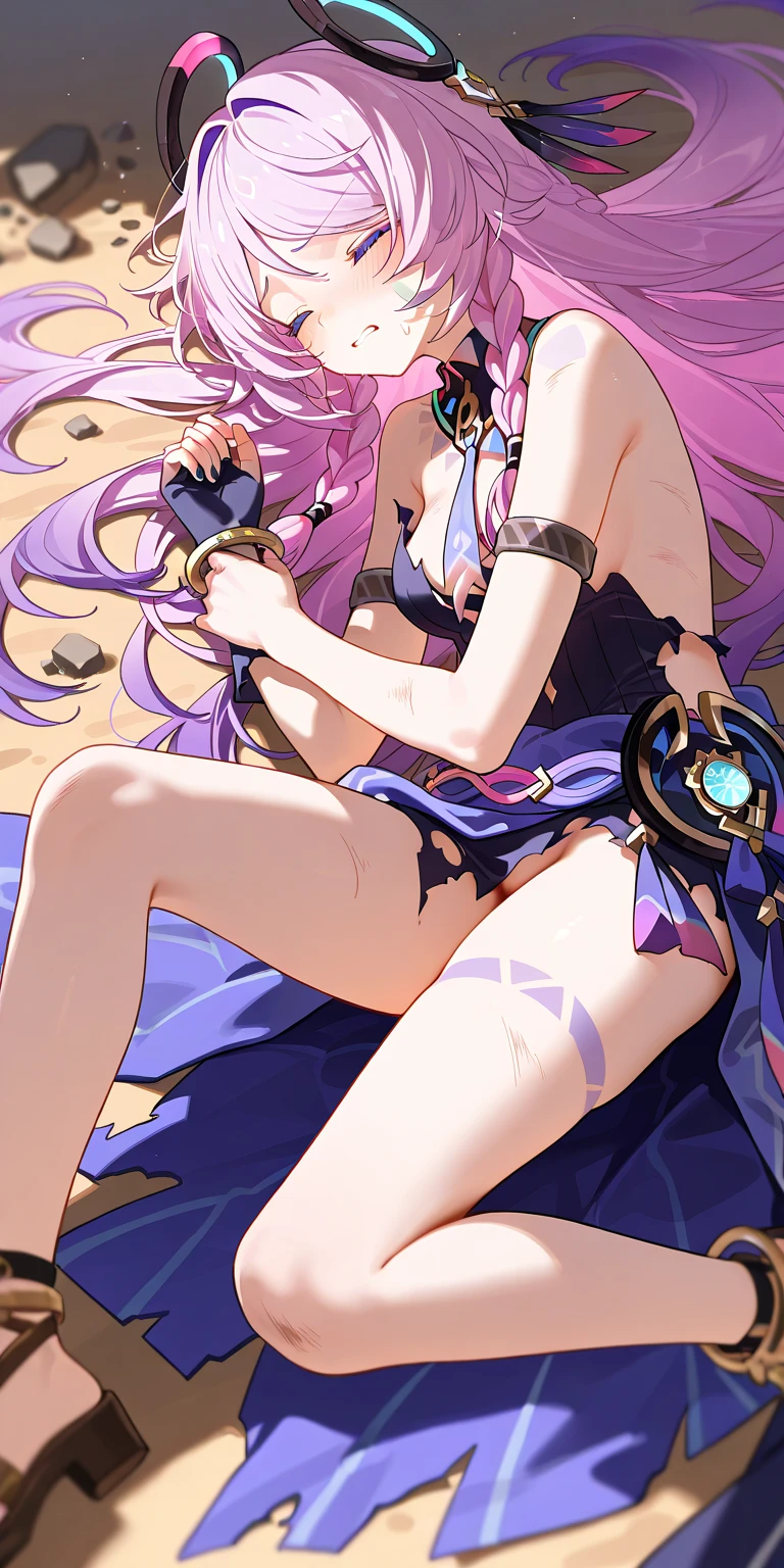 "Pink medium hair, bikini, purple eyes, anime illustration, beach, smile, quadratic"