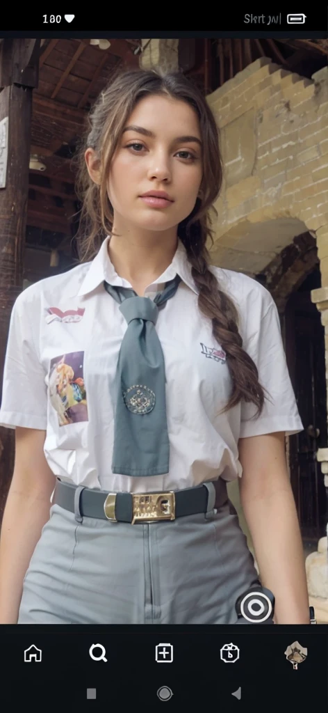 a girl, brown hair with braids, blue eyes, clear skin, flat breasts, wearing glasses, he is wearing student clothes, is in a classroom, has a provocative pose, not nsfw