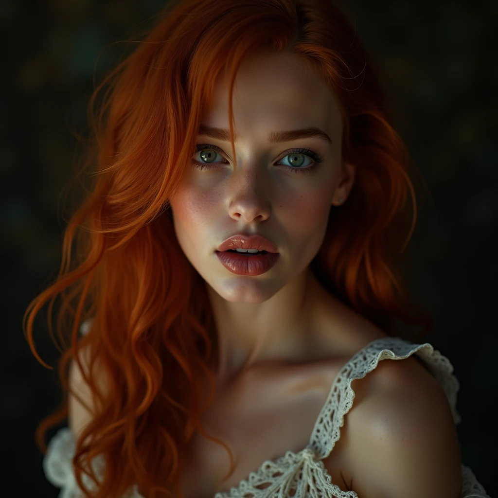 FACE SHOT OF BEAUTIFUL BOMBSHELL RED HAIR WOMAN, LONG RED HAIR, VERY PALE SKIN, YELLOW EYES, EXPRESSIVE YELLOW EYES, ENIGMATIC FACE EXPRESSION,SHY SMILE, GORGEOUS LIPS, ROSY CHEEKS, HIGH CHEEKBONES, MENTAL FORAMEN, VOLUMOUS BREASTS, STRAPLESS CLEAVAGE, WHITE STRAPLESS, ELEGANT CURVY BODY, FRONTAL ANGLE SHOT, DARK BACKGROUND, DIFUSED LIGHTS, YELLOW BACK LIGHTS, MASTERPIECE